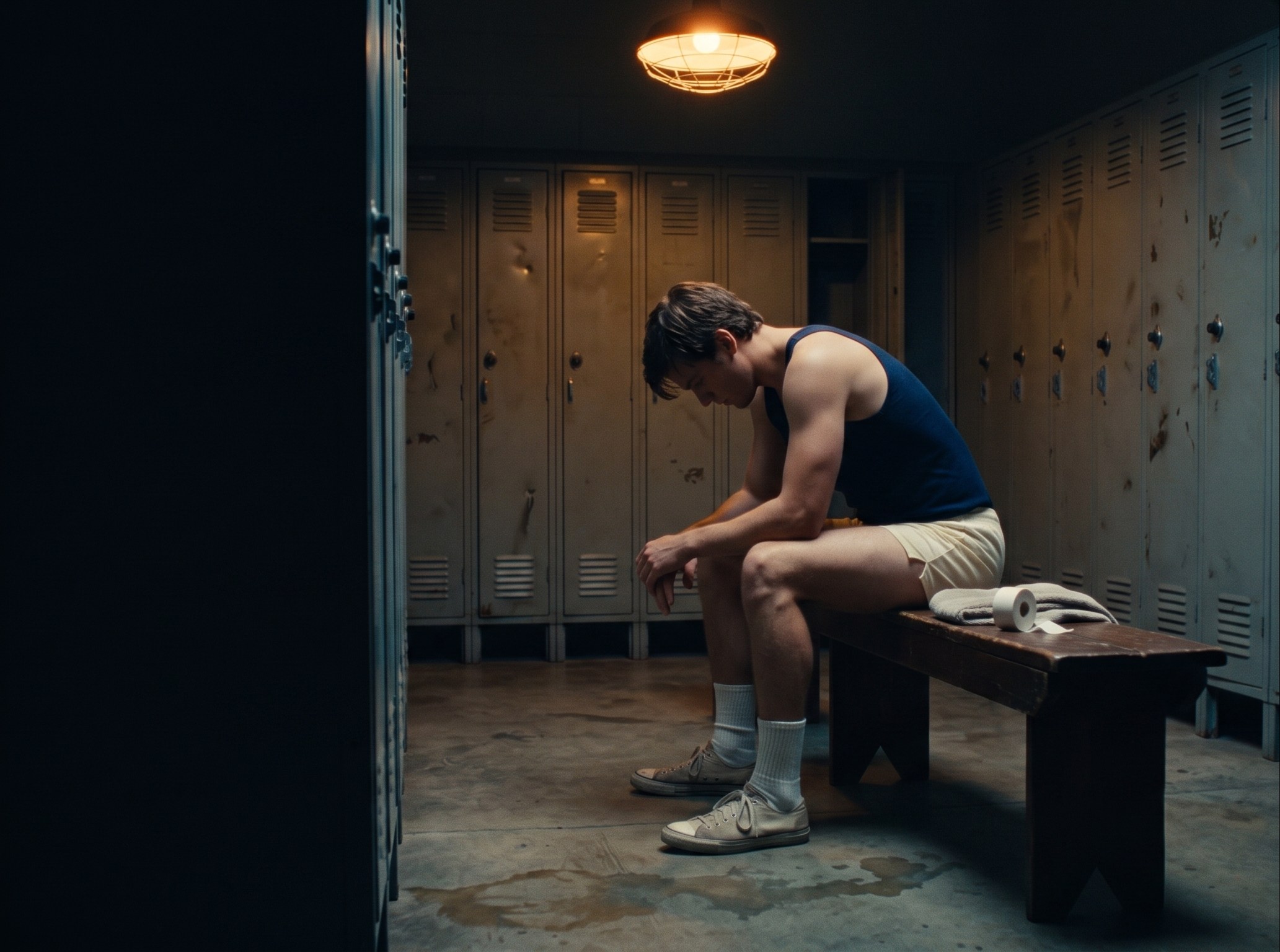 An athlete sitting alone on a bench in an empty locker room